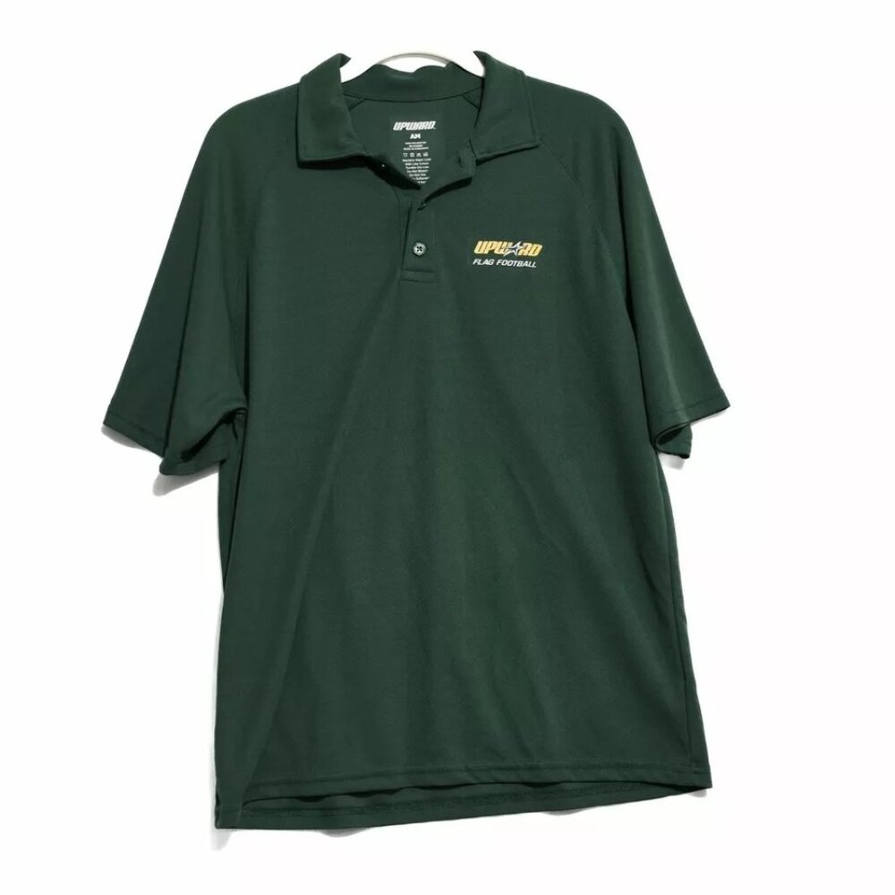 Upward Mens Dark Green Polo Shirt Solid Logo Collared Buttons Short Sleeve M